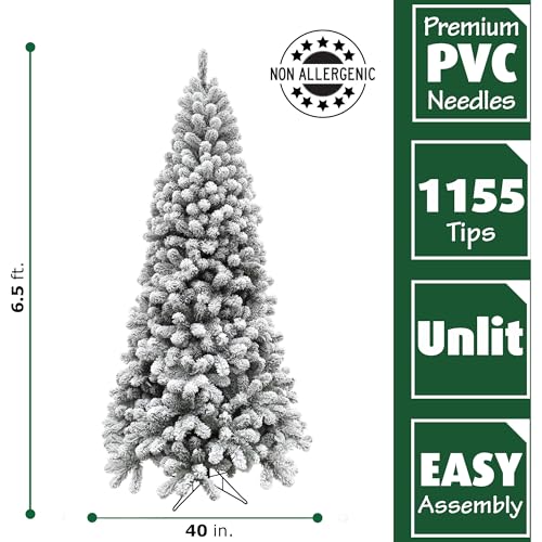 Fraser Hill Farm 6.5-Ft. Alaskan Pine Flocked Artificial Christmas Tree with Stand, Unlit Foldable Fake Tree with Realistic Snowy Foliage for Home Decoration