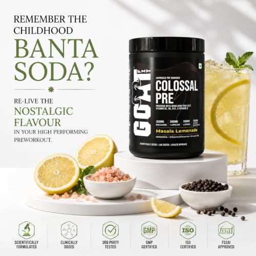 Image of GOAT Fit Colossal Pre | PreWorkout Powder 200mg Caffeine 3.5g Beta-Alanine 3g Citrulline 1.5g Arginine 1g Creatine with Himalayan Pink Salt (180gm - 15 Servings, Masala Lemonade)