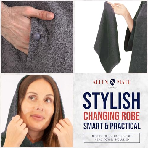 Image of ALLEN & MATE 100% Cotton Hooded Surf Poncho Changing Robe - Quick Absorbent Changing Towel with Pocket for Surfing Men Women