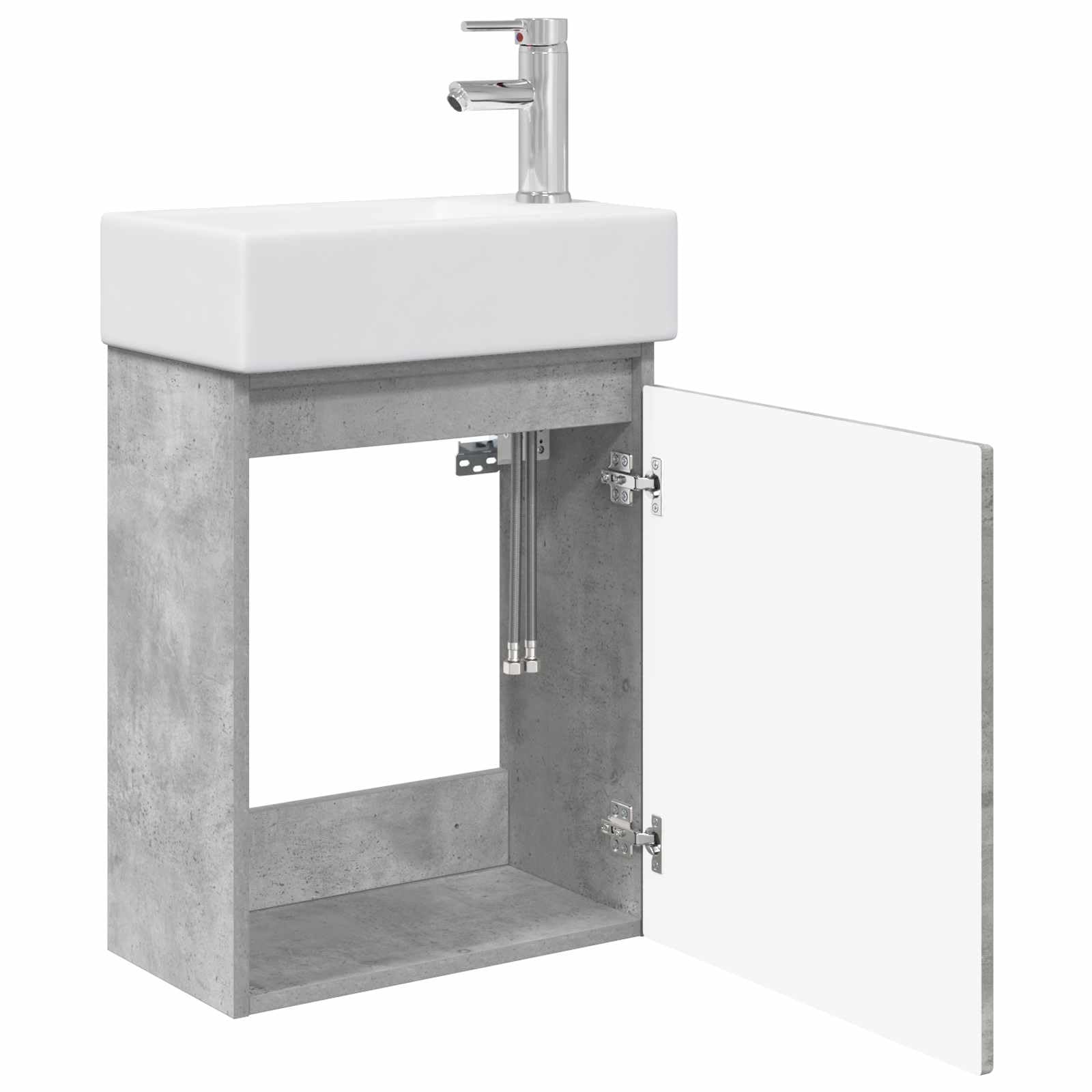 Szafka pod umywalkę, betonowa szara z ceramiczną umywalką, srebrna armatura, odpływ push, odwracalne drzwi, montaż na ścianie, schowek, nowoczesny mebel łazienkowy dla gości WC i remont