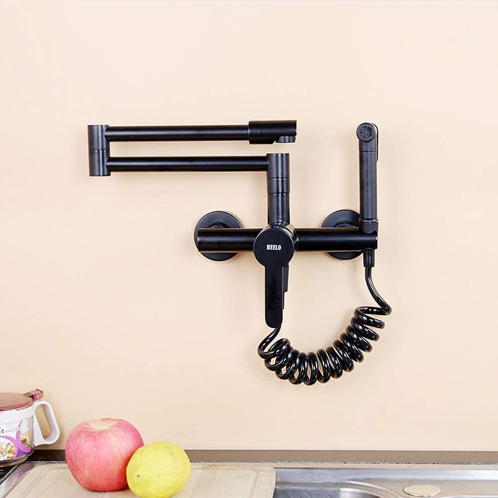 VDOQTLJT Taps Faucets All Bronze Wall-Mounted Hot and Cold Faucet Mop Pool Out of The Wall Lengthen Laundry Rotatable Fold Telessplash Proof Upscale Faucet/Black