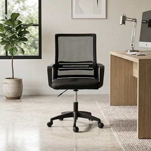 Image of Royaloak Alba Mesh Medium Back Chair | Ergonomic Office Chairs for Home with Breathable Nylon Mesh, Cushioned Seat, Fixed Armrests & Height Adjustment | 360 Swivel, Strong Base & Smooth Castors