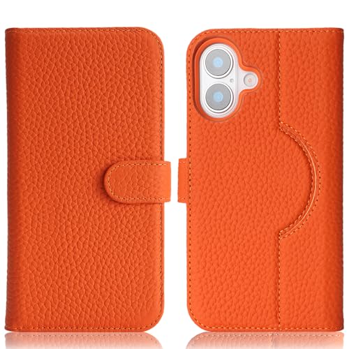Image of Detachable Genuine Leather Case for iPhone 16 Wallet Case Magnetic 2in1 Removable Flip Cover Book Purse Compatible with Magsafe Charging Kickstand Card Holder-Orange