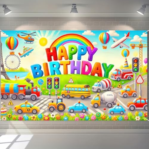 Image of BlissYard Car Birthday Backdrop 70x43 Inch Transportation Party Decor | Transportation Birthday Decorations Truck Backdrop Boys Birthday Party Decorations Photography Supplies