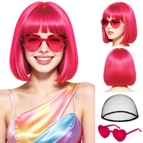 Lavwix Hot Pink Short Bob Straight Hair Wigs with Bangs 11inch Synthetic Fiber Colorful Hair Neon Heart-shaped Sunglasses and Wig Cap for Women 80s 90s Costume Halloween Dress Up