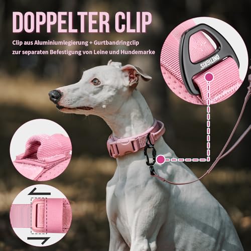 OneTigris Hundehalsband Kleine Hunde, Taktisches Hundehalsband mit Griff, Weich Gepolstert Breites mit Kunststoffschnalle und Ring aus Aluminiumlegierung, Rosa, S(30-40cm)