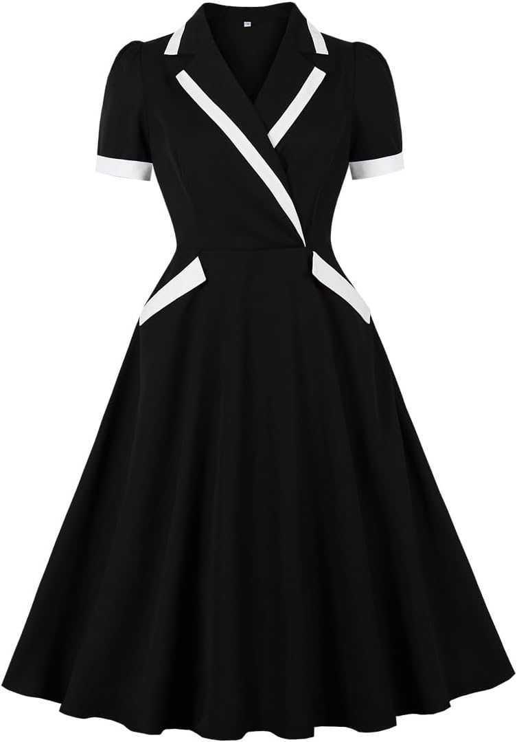 Wellwits Women's Color Block Pocket Office Work Vintage Midi Blazer Dress