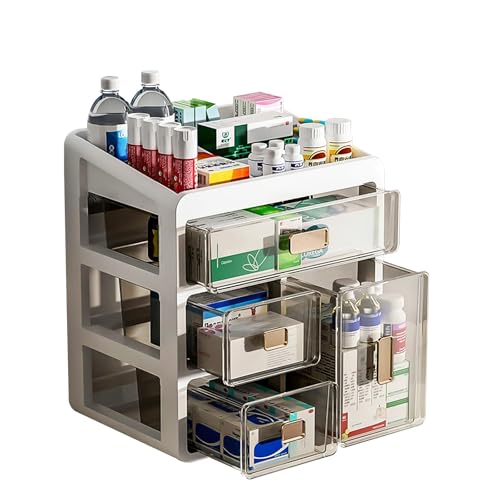 Felenny Boîte à Médicaments 4 Niveaux avec Tiroirs Boîte de Rangement Médical Transparente pour Maison & Bureau Organisateur Portable avec Poignées pour...