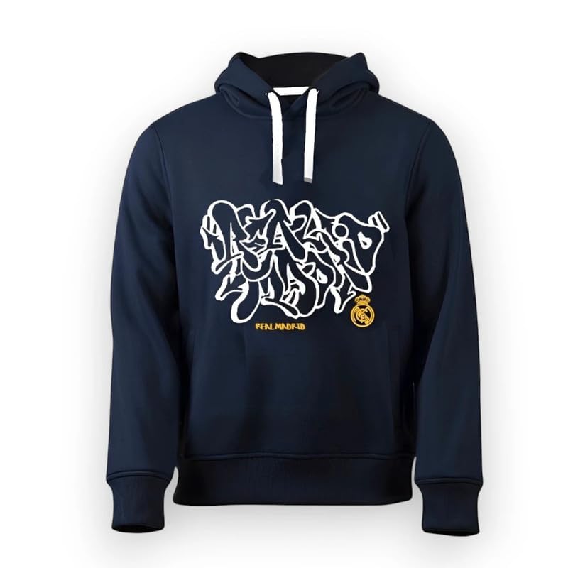 Real Madrid Sweat à capuche officiel Graffiti Collections, bleu marine, avec lacets blancs, bleu...