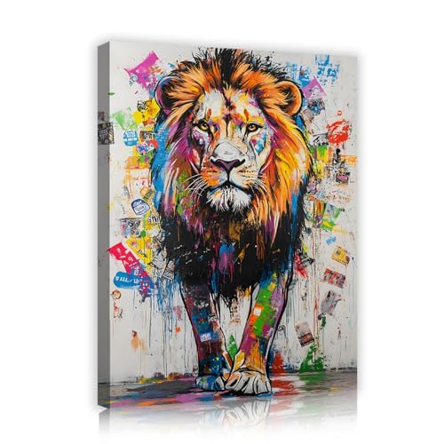 Toile Lion coloré Graffiti pour salon moderne, art mural animalier abstrait UIRINGART 50x70