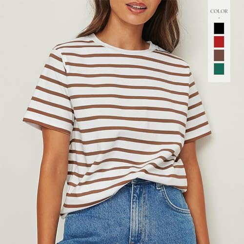 Ajuste Flojo De Las Mujeres Clásico De Manga Corta De Algodón A Rayas Camiseta con Escote Redondo Cómodo, Casual Tops para Damas