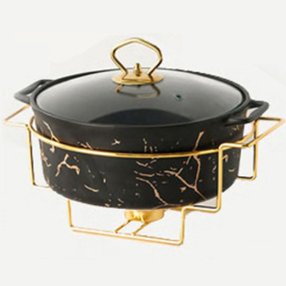 Food Warmer for Parties Buffets, Food Warming Tray Round Chafing Dish Buffet Set, Ceramic Marble Finish Chafer with Glass Lid,White,