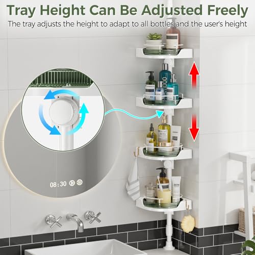 Image of AKINBAS 360 Rotating Shower Caddy Tension Pole with 4-Tier Rustproof Lazy Susan 35-128 Inch No Drilling Coner Shelves Adjustable Shower Rack for Bathroom Bathtub Washbasin Plant Storage (White+Green)