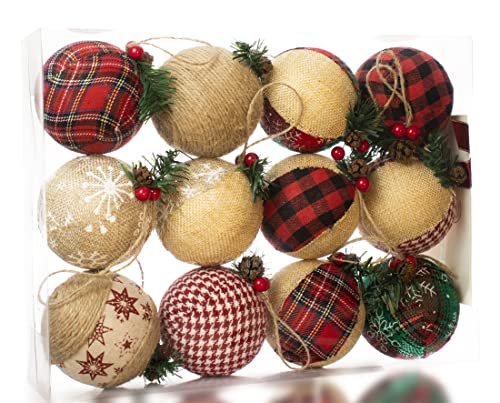 Burlap Christmas Hanging Ornaments, Farmhouse Rustic Christma Decorations, Natural Jute Ball Ornaments for Xmas Holiday Party Home Decor 12Pcs