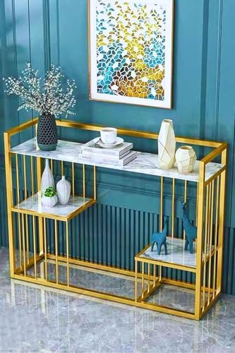 Image of ARTROCK Modern 3-Tier Console Table with Faux Marble Shelves, Gold Metal Frame, Narrow Entryway Sofa Table, Luxury Display Shelf Organizer for Living Room, Hallway, Bedroom & Office (White Gold)