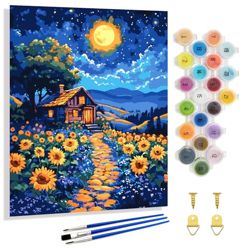 Yunnuo Landscape Paint by Numbers Kit for Adults,Sunflower Paint by Number Canvas,Wooden Cottage Acrylic Painting by Numbers for Home Decor and Holiday Gift 16'W x 20'L