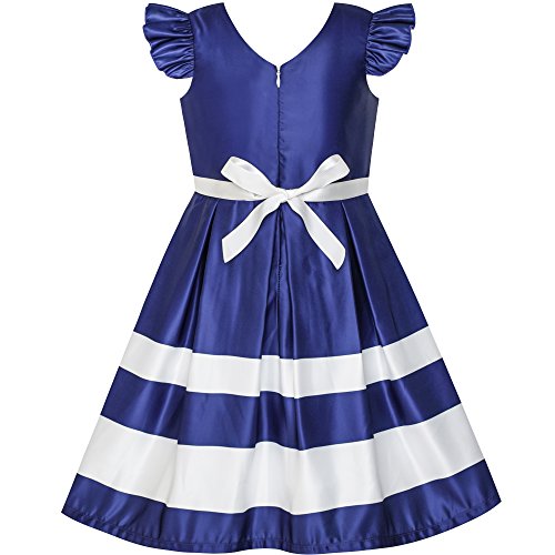 Sunny Fashion Girls Dress Navy Blue V-Neckline Ribbon Color Contrast Size 6-122