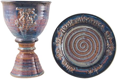 Chalice & Paten Set - Wheat & Grapes - Stoneware - Pastel Blue