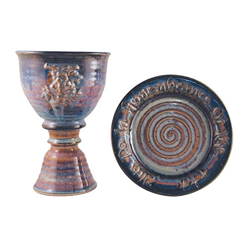 Chalice & Paten Set - Wheat & Grapes - Stoneware - Pastel Blue