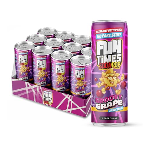 Fun Times Soda Pop Groovy Grape, 12 Pack (12 oz Soda Cans), Craft Soda with Real Cane Sugar, Carbonated Beverage with All Natural Flavors, Dye Free Soft Drinks