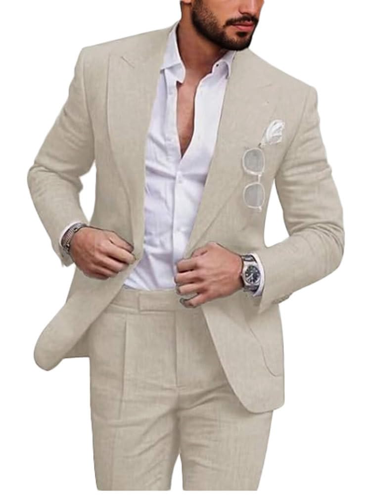 Botong Mens Linen Wedding Suit for Summer One Button Groomsmen Tuxedos Prom Suit Casual Wear Beige 50 Chest / 44 Waist