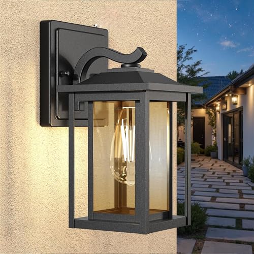 LTBLIGHT Dusk to Dawn Outdoor Lighting, Modern Black Waterproof Exterior Wall Sconce, Sensor Front Porch Lights with E26 Base for House Garage Patio F