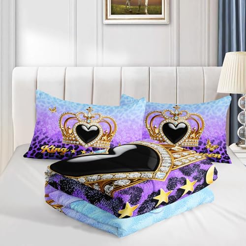 Image of AILONEN Gold Crown Comforter Set Full Size for Girls Women,Purple & Blue Gradient Leopard Print Bedding Set 3Pcs,King and Queen Quilt with 2 Pillowcases