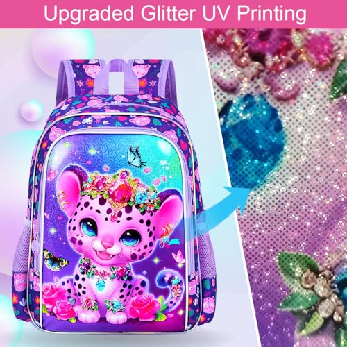 Image of 3Pcs Girls Backpack, 16 inch Kids Bookbag with Lunch Box，Leopard School Backpacks for Elementary Preschool Kindergarten (Purple)