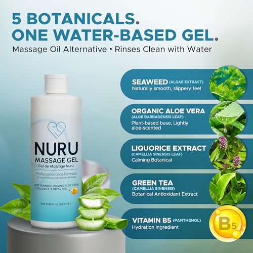 Image of Nuru Massage Gel 8.45 fl oz, Organic Aloe Vera, Water Based, Body-to-Body | Body-to-body massage oil alternative. Organic aloe vera, seaweed, green tea, licorice & vitamin B5. Paraben free.