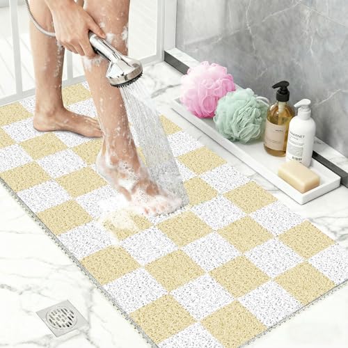 Extra Large Shower Mat 32"x24",Fast Drying Foot Scrubber Mats,Non Slip Bath Mat for Inside Shower, PVC Loofah Bathroom Mats for Wet Areas, Bathroom Floor, Poolside Entryway, Beige Checkered by BLESWIN - Used condition - US$24.19