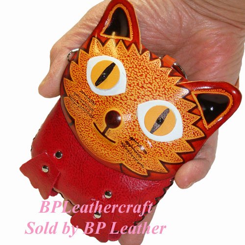 A Unique Design, Genuine Leather Wristlet Change Purse, Big Eye Beauty Kitty Face Cover, Zipper Closure. #TOP3