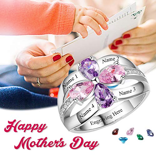 Personalized Sterling Silver Mothers Rings with 4 Simulated Birthstones 4 Names Custom Family Mom Jewelry Engraved Promise Rings for Women3