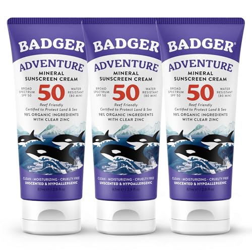 Image of Badger Biodegradable Reef Safe Sunscreen SPF 50, 2.9 oz (3-Pack) | 98% Organic, Unscented, Zinc Oxide, Water Resistant, Adventure & Sport Sunblock, Biodegradable sunscreen