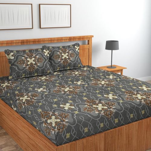 Image of Jashan Premium Cotton Fitted Bedsheets with 2 Pillow Covers for King Size Bed | 200-220 TC | Size 78x72+10 Inches | Grey Star | Soft, Durable, All-Around Elastic Modern Design
