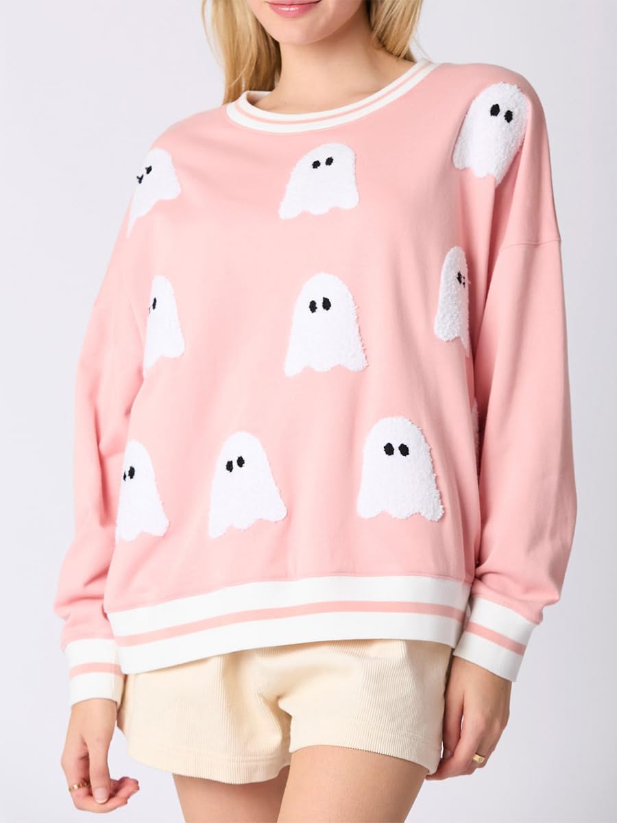 Argeousgor Women Halloween Sweatshirt Sequin Ghost Oversized Long Sleeve Sweater Pumpkin Pullover Tops Shirt - Image 6