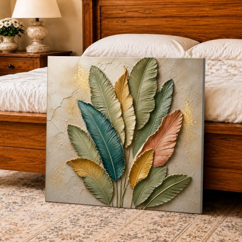 Image of PAINTINGMANTRA Textured Embossed Floral Leaf Canvas Wall Art Painting for wall decoration, Multi-Color Feather & Leaf Motifs Stretched Canvas Painting for Living room, bedroom, Home and office, 22x22 Inch