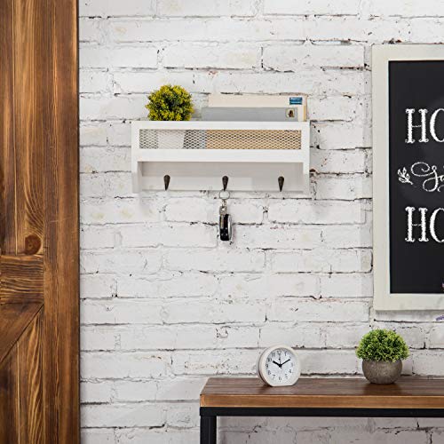 Mygift 16-Inch Country Rustic White Wood & Metal Wall-Mounted Storage Wire Mesh Basket Rack W/Key Hooks #TOP3