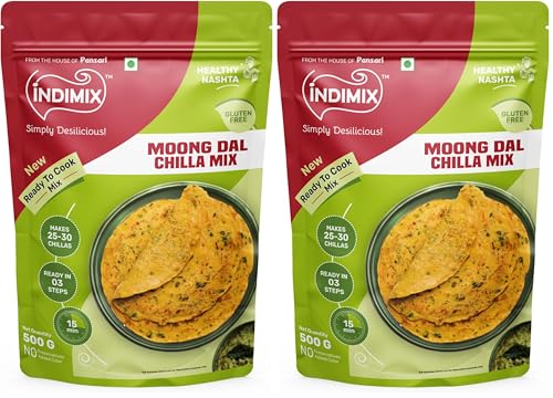 Image of INDIMIX Moong Dal Chilla Mix 500g | High-Protein Instant Breakfast | Multi Dal & Multigrain Chilla Powder | Ready in 3 Easy Steps (From the House of Pansari) (Pack of 2)