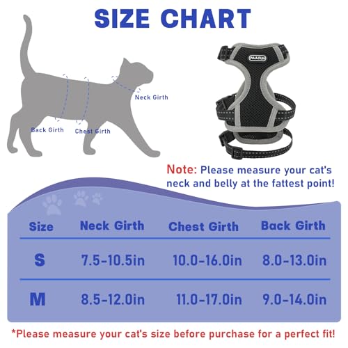 Image of Cat Harness for Walking, Escape Proof Cat Harness and Leash Set with Reflective Strip, Adjustable Cat Leash Breathable Soft Vest for Small to Large Cats, BlackGrey, M