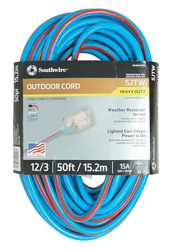 Southwire Heavy Duty Extension Cord, 50Ft, 12 Gauge, 3 Conductor, Neon Extension Cord, SJTW, Blue and Red, 2548SW0064