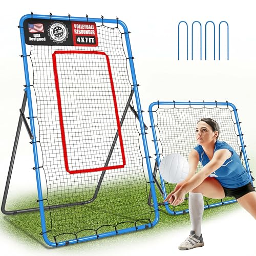 JOLORLY 2-in-1 Volleyball Rebounder Net System, Adjustable from 7x4 ft to 4x4.5 ft, 4-Angle Bounce Back Net, Training Equipment for Volleying, Bumping, Spiking Practice, Resists Twisting (Blue)