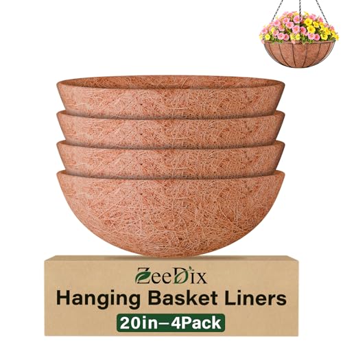 ZeeDix 4 Pack 20 Inch Coco Liners for Hanging Baskets Round Coconut Liners for Planters Natural Coco Coir Fiber Replacement Liner for Flowers Vegetables Patio Garden Porch Decor