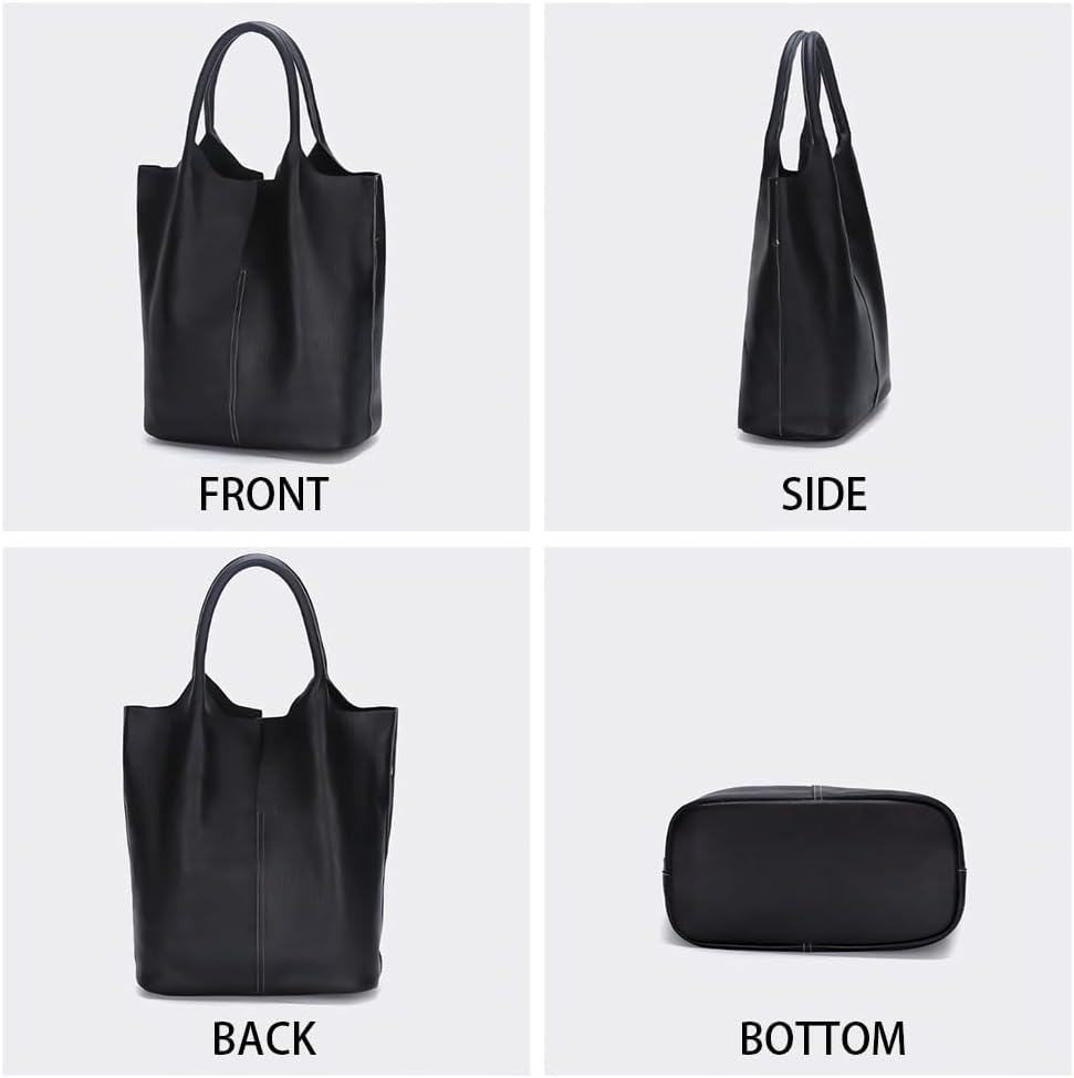 Women's Genuine Leather Tote Bag with Removable Zippered Pouch, Soft Cowhide, Stylish Everyday Shoulder Bag