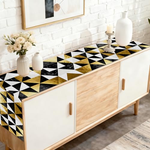 Image of Nuxovilar Gold Triangle Table Runner Flax 13x72 in | Holiday Runner Flax Placemats Dining Accessories Set Formal Dinner Event Room (Black Gold White Triangle)