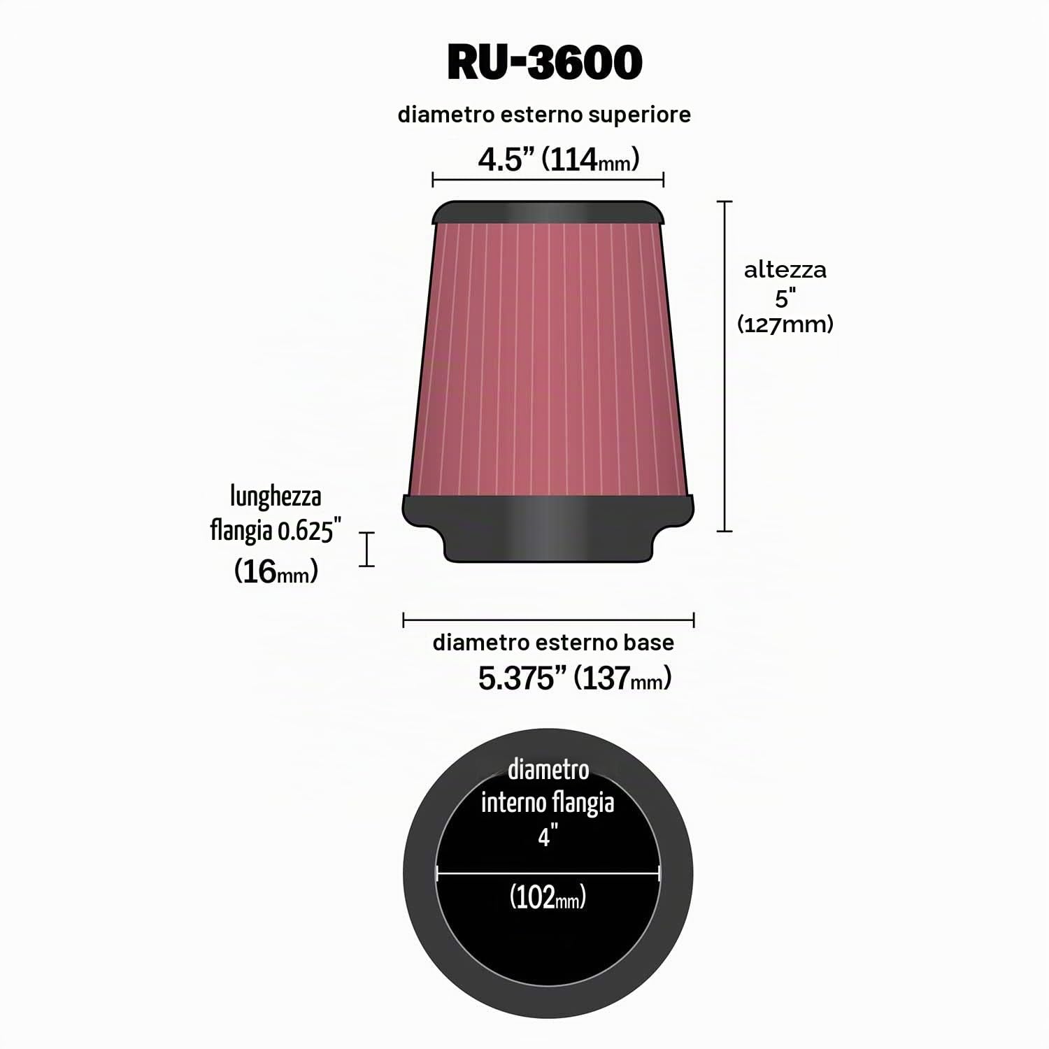 K&N Filtro Aria Universale Conico 102mm flangia, 137mm base, 114mm top, altezza 127mm (RU-3600)