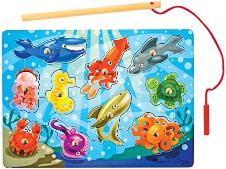Melissa & Doug Magnetic Wooden Fishing Game and Puzzle With Wooden Ocean Animal Magnets - Magnetic Fishing Game, Ocean Animals Chunky Puzzle For Toddlers And Kids Ages 3+