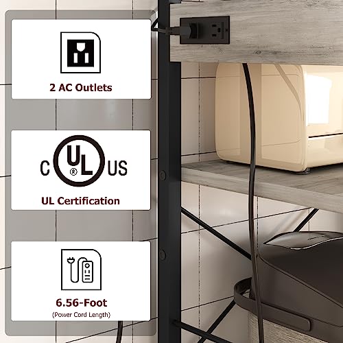 GarveeHome Microwave Stand Bakers Rack with Power Outlet, Kitchen Baker Rack with Wire Basket, 6-Tier Large Freestanding Utility Storage Shelf for Kitchen Dining Living Room, Rustic Gray