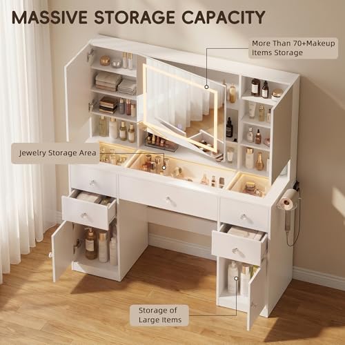 Image of YESHOMY Makeup Table with Power Outlet and Hair Dryer Holder, 3 Folden Mirror with Hidden Storage Shelves, 3 Drawers and 2 Storage Cabinet, for Bedroom, White