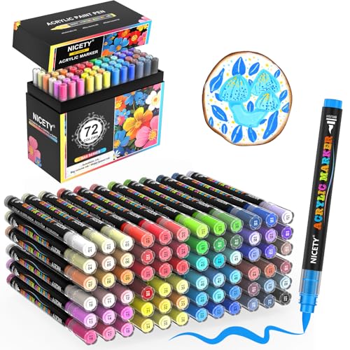 NICETY 72 Acrylstifte für Steine Wasserfest - Pinselspitze Acrylmarker für Steine, Holz, Stoff, Leinwand, Glas, Keramik, 1-6mm Multimarker Acrylfarben Marker Set