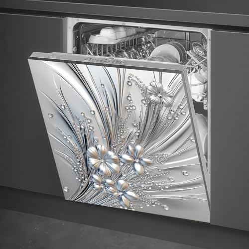Image of BlissYard Flowers Dishwasher Magnet Cover 23x26 Inch Silver Floral Refrigerator Sticker Washer Kitchen Decor Floral Magnets Sticker Refrigerator Magnets Decor Panel Kitchen Appliances Art Decor